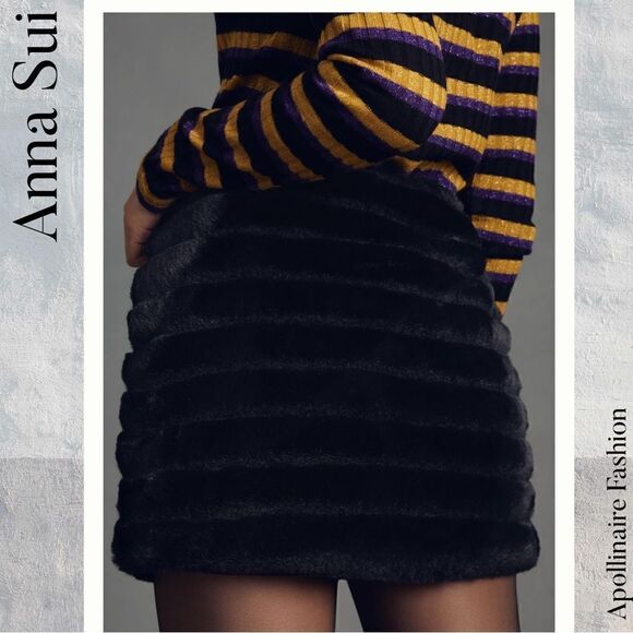 ANNA SUI ANTHROPOLOGIE FSUX FUR MINI SKIRT BLACK SIZE 10 NWT - Picture 1 of 10
